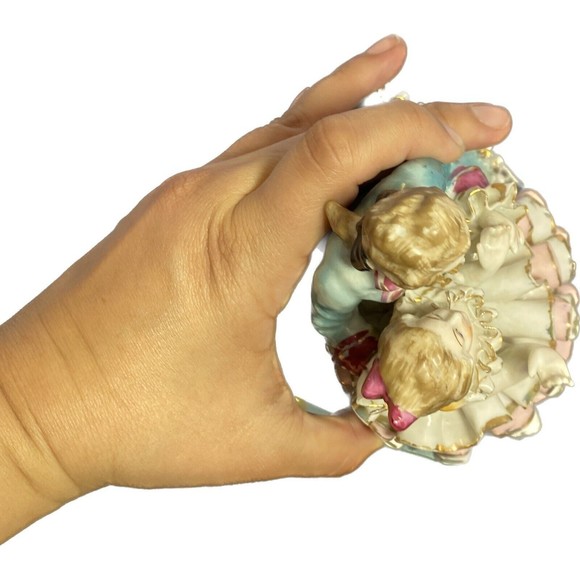 Vintage 7" Bone China Courting Couple Figurine Pink, Aqua with Gold Accents - Picture 5 of 5